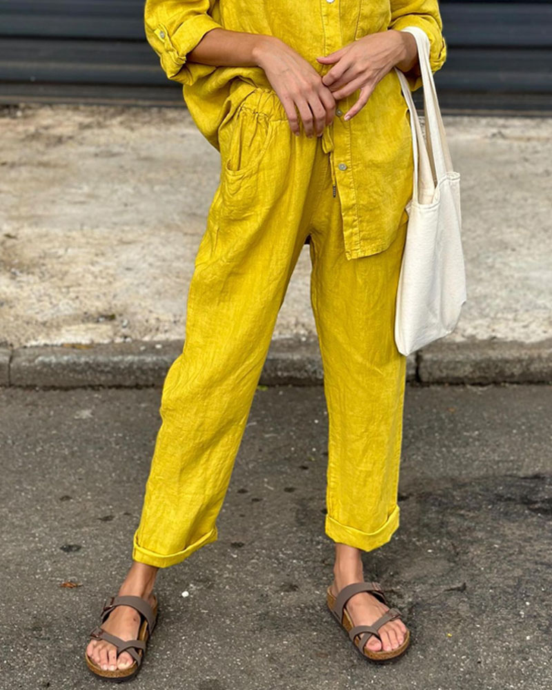 Esmeralda | Hemd mit V-Ausschnitt und Hose aus Baumwolle und Leinen