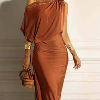 Selvira | Schulterfreies Falten-Maxikleid