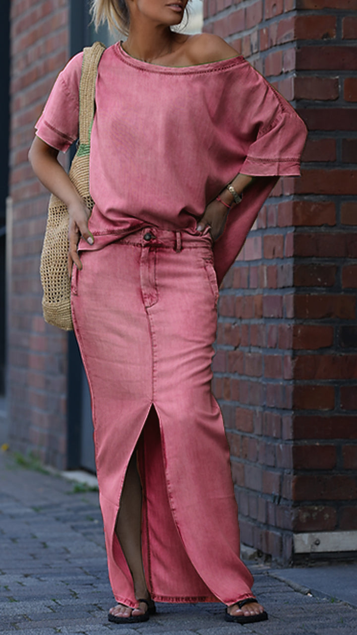 Daph | Denim Schulterfreies Top & Maxirock Set
