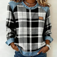 Cassia | Trendiger Karo-Pullover im Denim-Patchwork-Stil