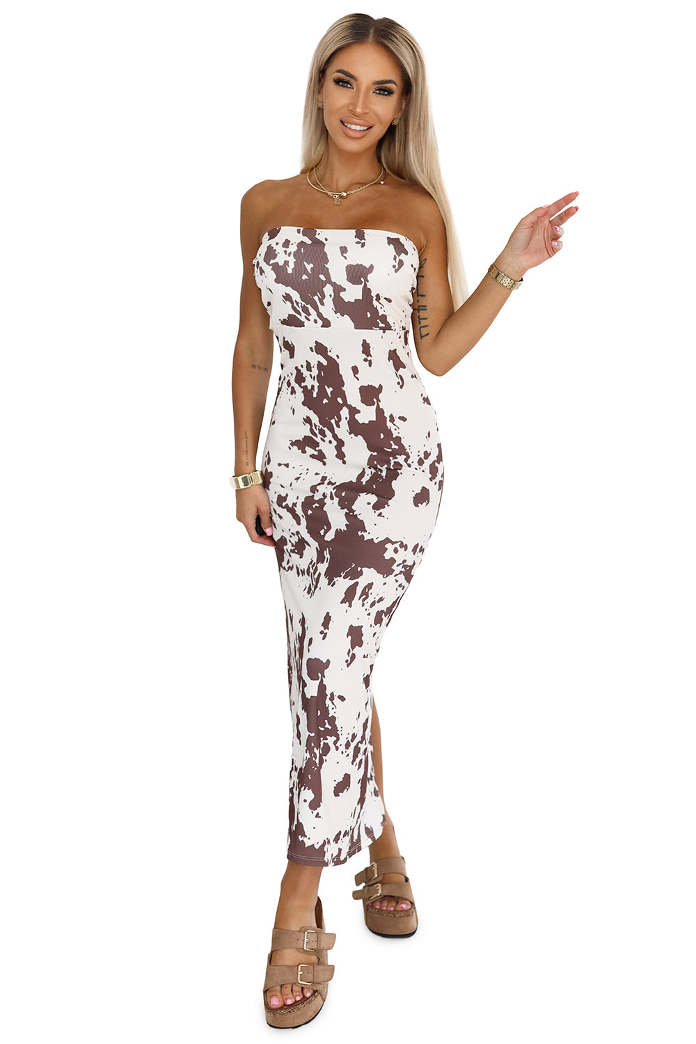 Josie | tailliertes Kleid mit braun-weißem Boho-Design