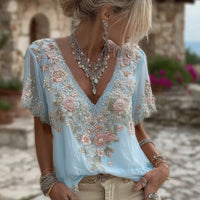 Liora | Leinen-T-Shirt mit Stickblumen