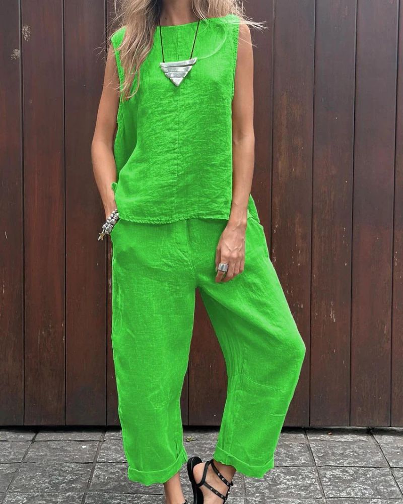 Saige | Ärmelloses Set und Hose aus Baumwolle und Leinen