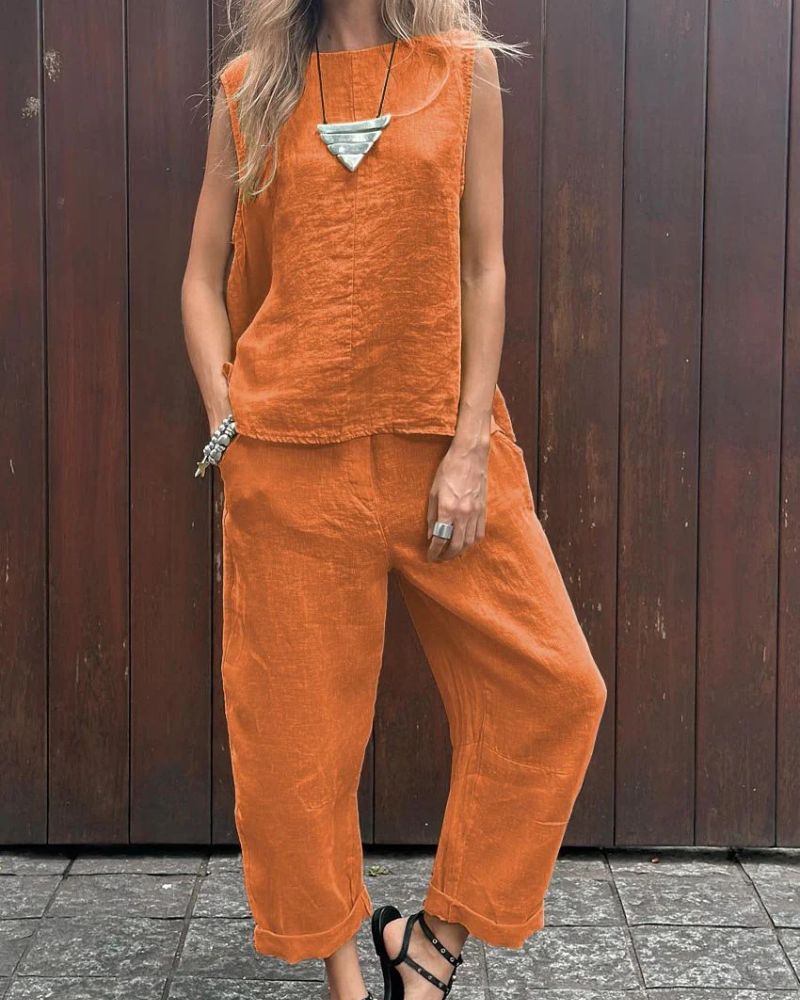 Saige | Ärmelloses Set und Hose aus Baumwolle und Leinen