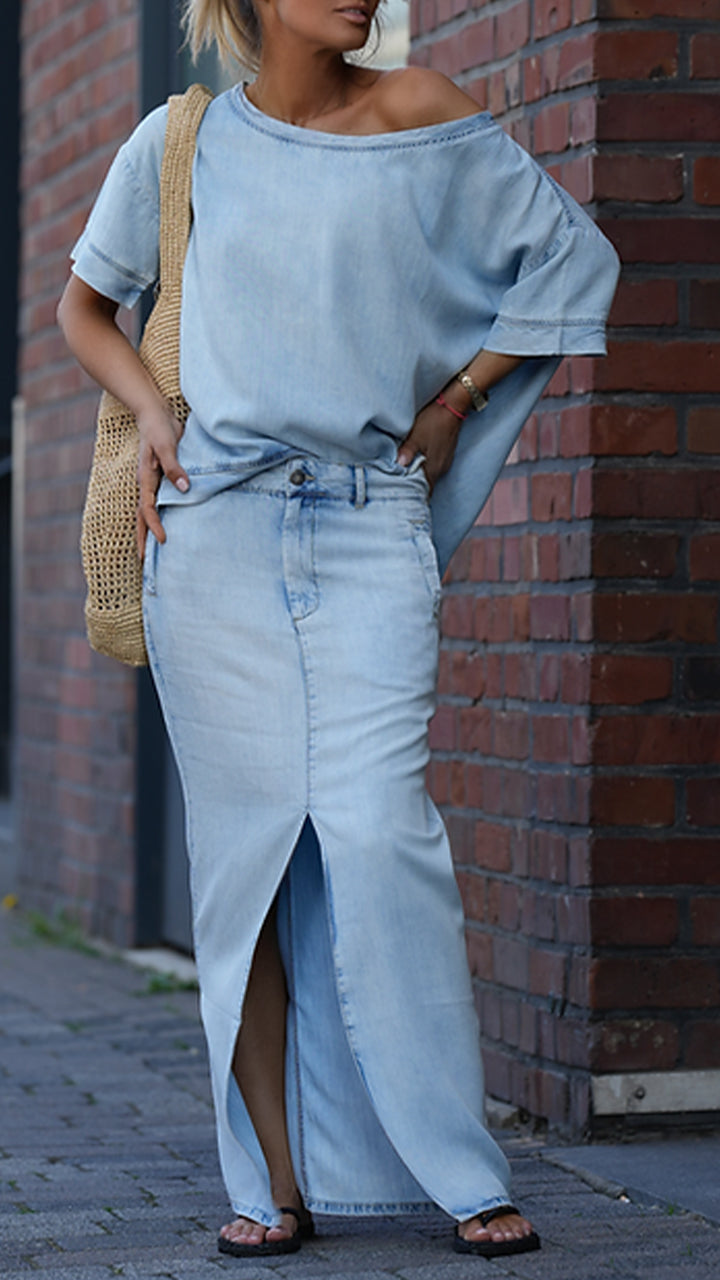 Daph | Denim Schulterfreies Top & Maxirock Set