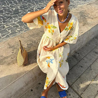 Lydia | Trendiges Leinen-Midikleid mit floralem Druck