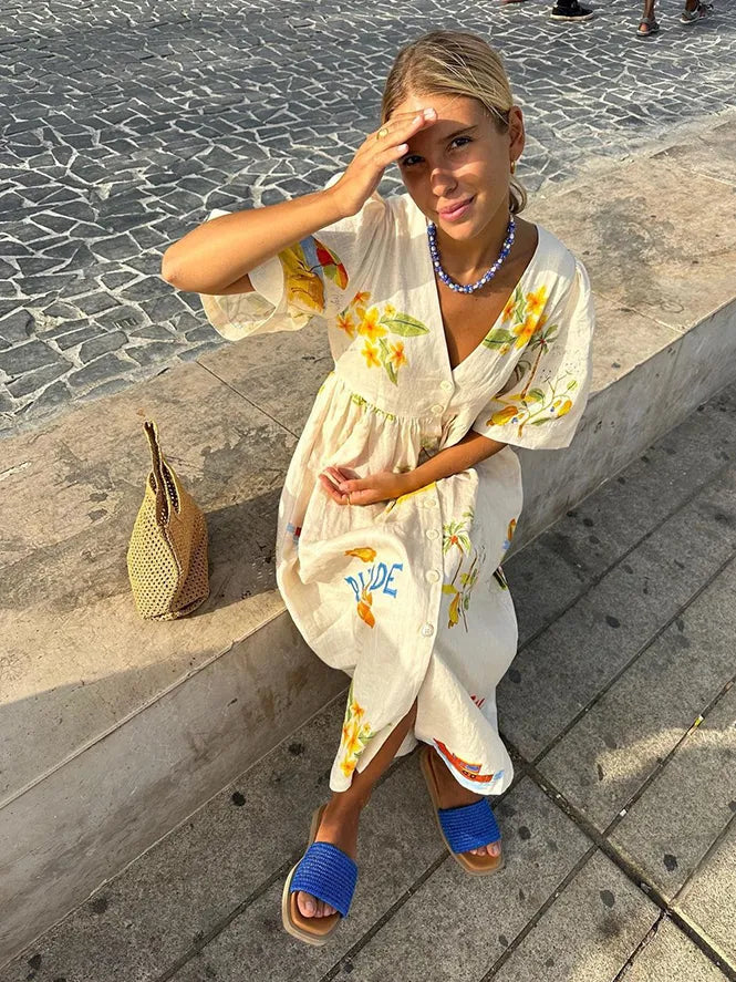 Lydia | Trendiges Leinen-Midikleid mit floralem Druck