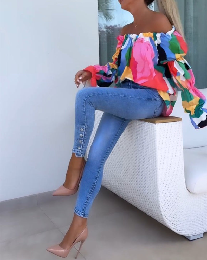 Lia | Bunt bedrucktes One-Shoulder-Freizeittop für Damen