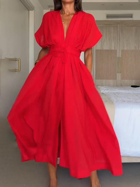 Della | schickes Damenkleid in Midi-Länge mit V-Ausschnitt.