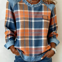 Cassia | Trendiger Karo-Pullover im Denim-Patchwork-Stil