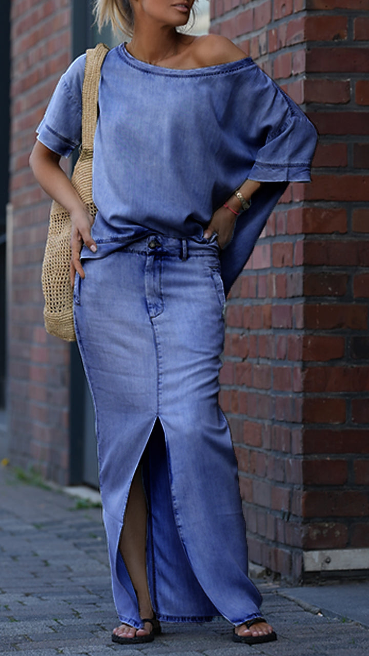 Daph | Denim Schulterfreies Top & Maxirock Set