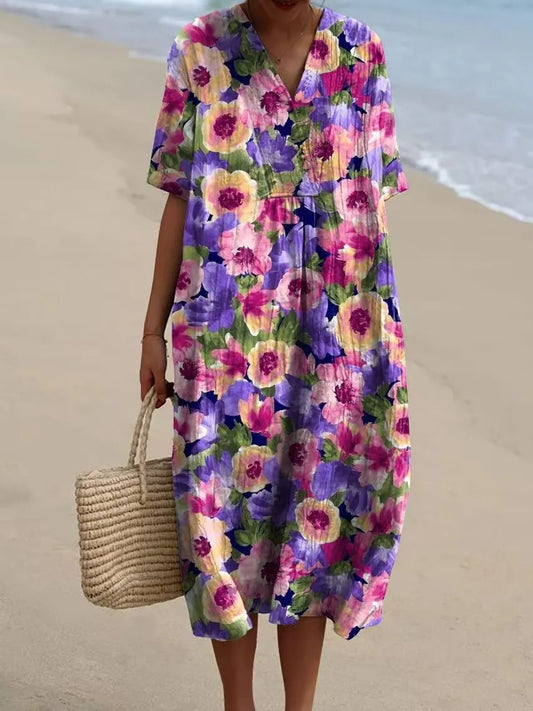 Camryn | stilvolles Baumwoll-Leinen-Kleid mit V-Ausschnitt und Druck