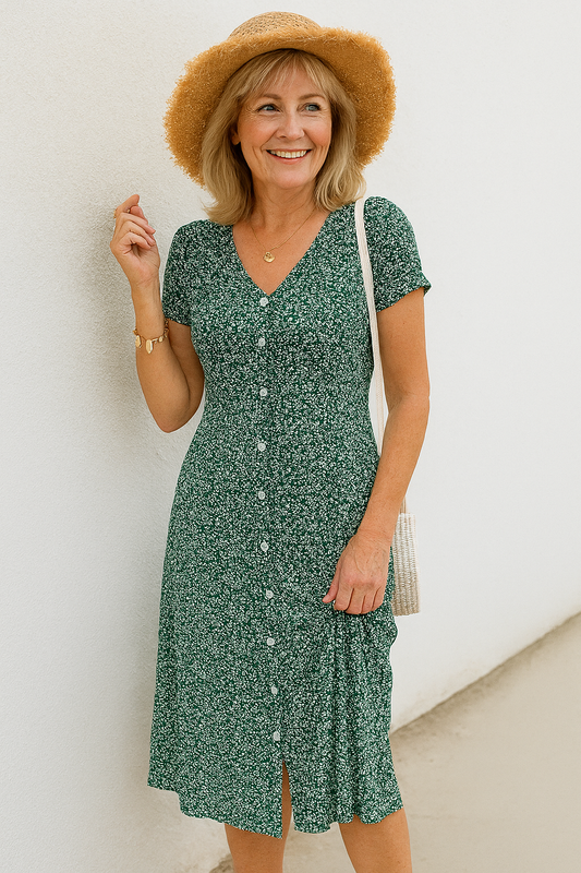 Lydia | zeitloses Kleid mit Knopfleiste und femininem V-Ausschnitt für Damen