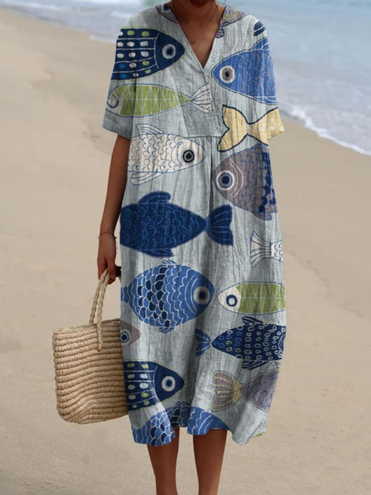 Aria™ | Elegantes Kleid im grafischen Fischprint