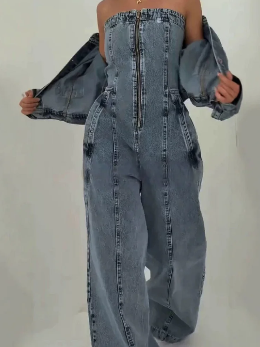 Zoa | Denim Bandeau-Zip-Overall und Jacke im Set