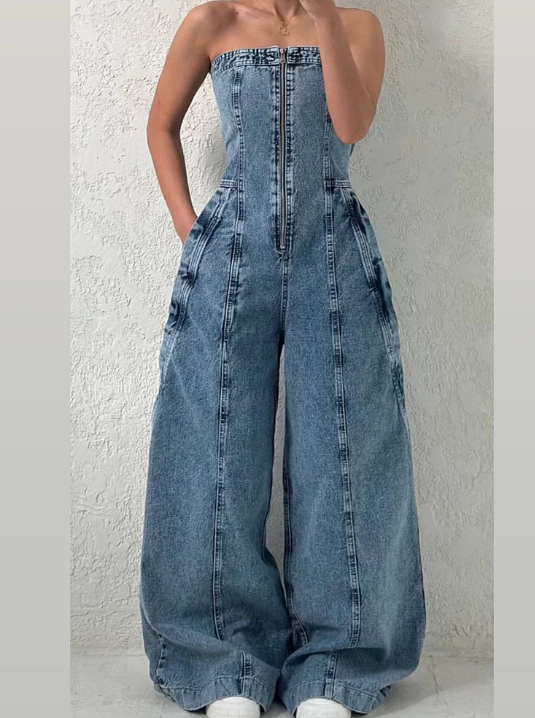 Zoa | Denim Bandeau-Zip-Overall und Jacke im Set