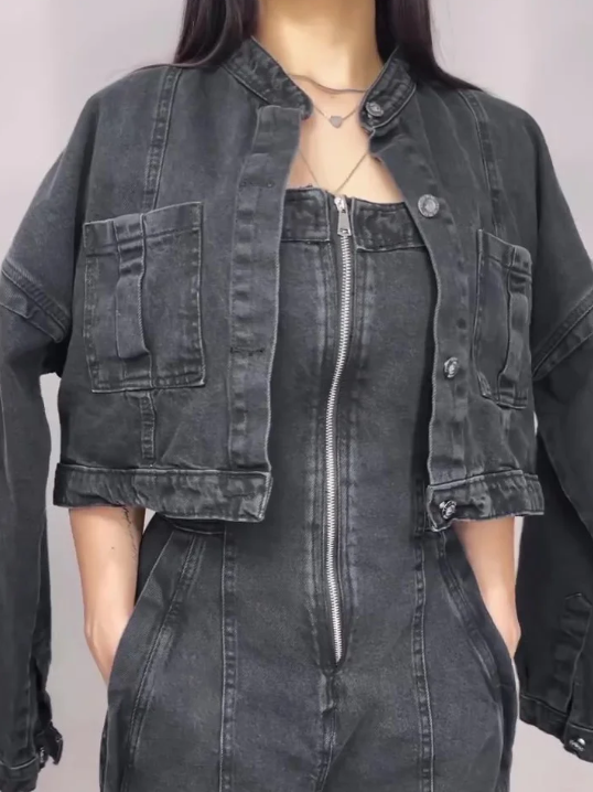 Zoa | Denim Bandeau-Zip-Overall und Jacke im Set