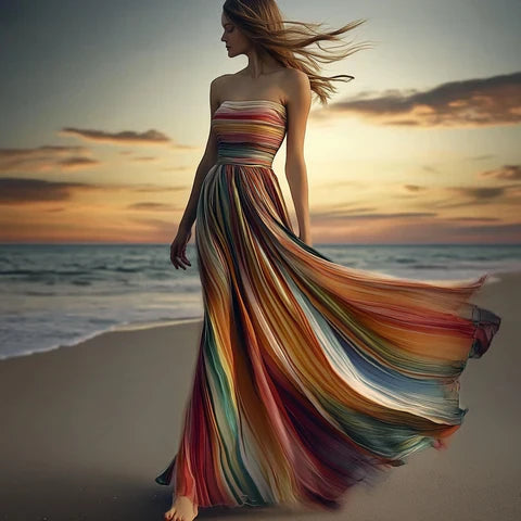 Whitny | Regenbogenfarben gestreiftes trägerloses Maxikleid mit fließenden Falten