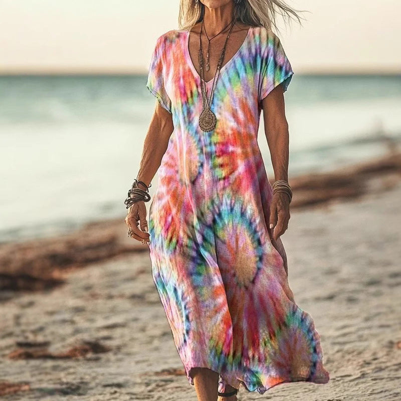 Sukie | Kurzärmeliges Maxikleid im Boho-Stil