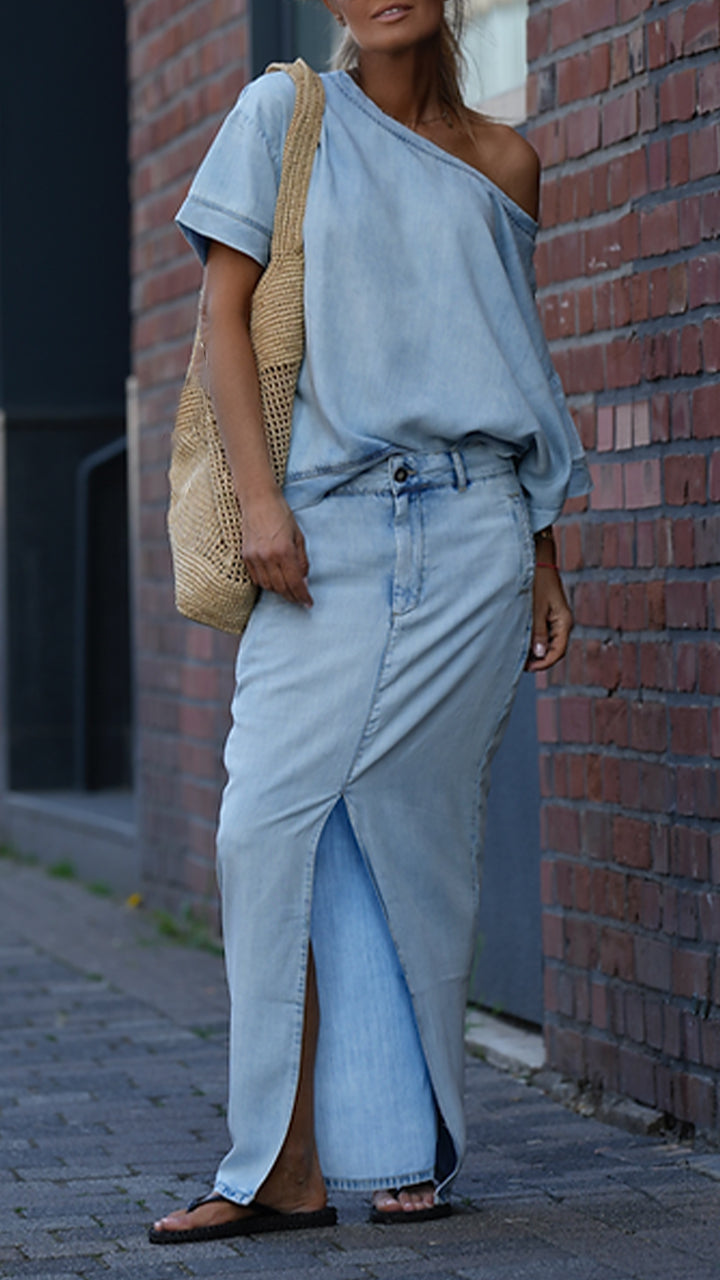 Daph | Denim Schulterfreies Top & Maxirock Set