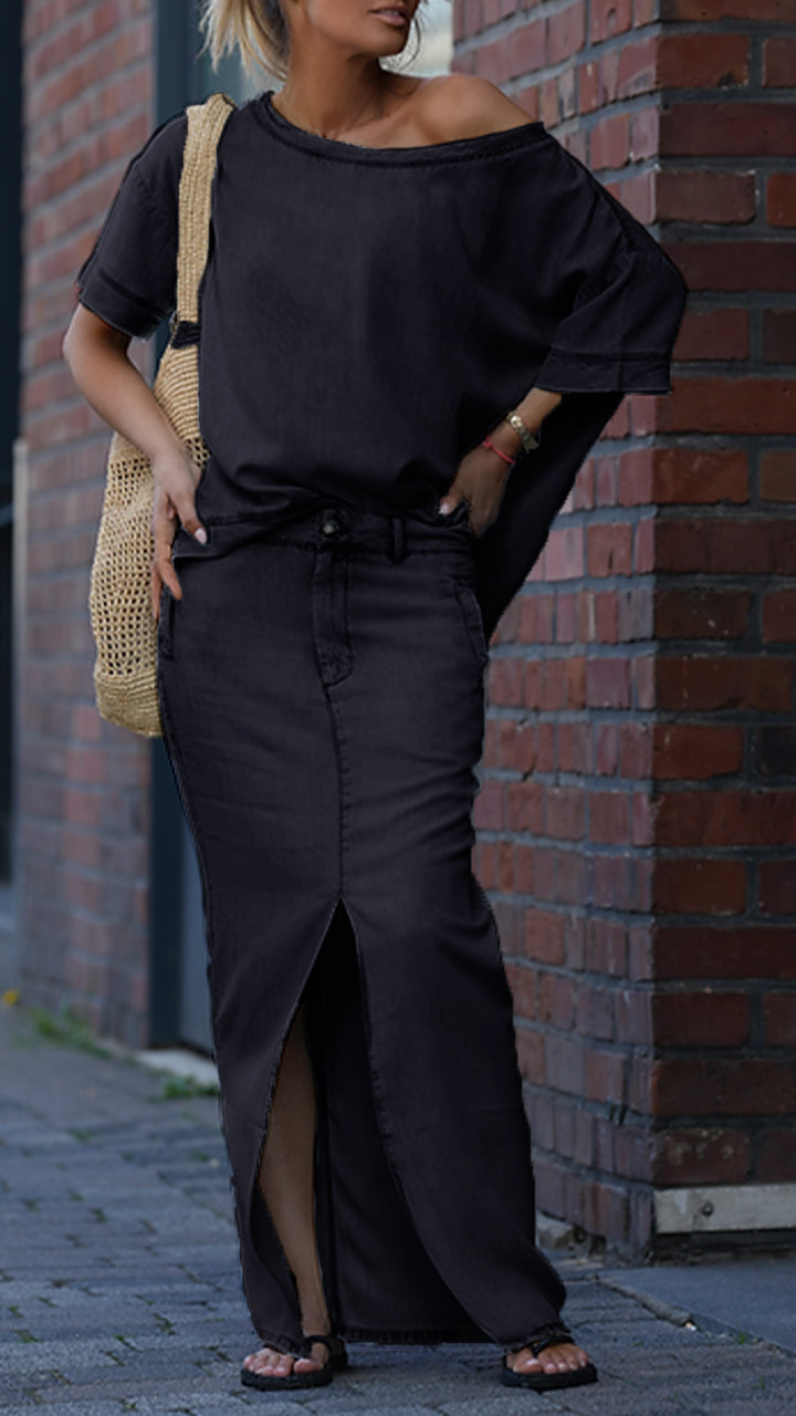 Daph | Denim Schulterfreies Top & Maxirock Set