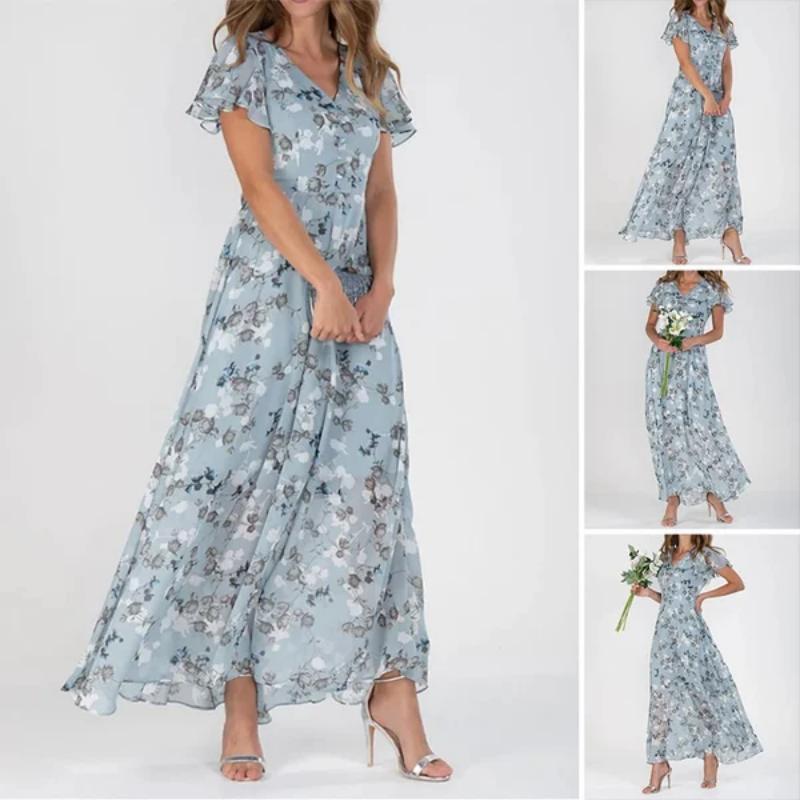Tiera | Maxikleid mit geblümten Flatterärmeln aus Chiffon