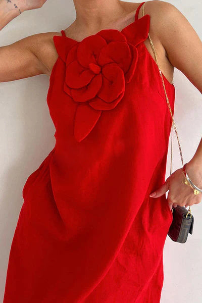 Qincy | Spaghetti-Träger Kleid mit 3D-Blume