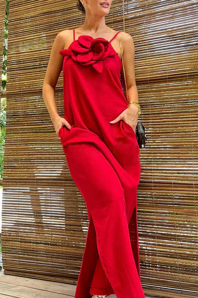 Qincy | Spaghetti-Träger Kleid mit 3D-Blume