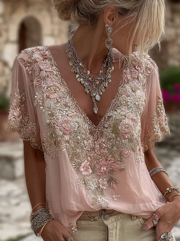 Liora | Leinen-T-Shirt mit Stickblumen