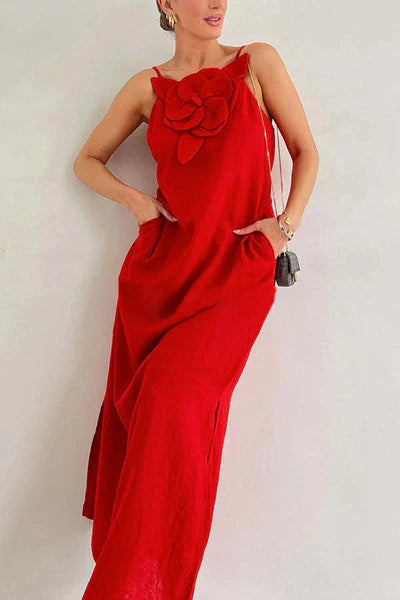 Qincy | Spaghetti-Träger Kleid mit 3D-Blume