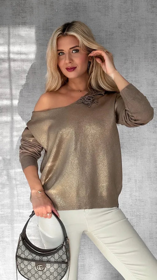 Aurelie | V-Ausschnitt-Pullover mit Goldakzent
