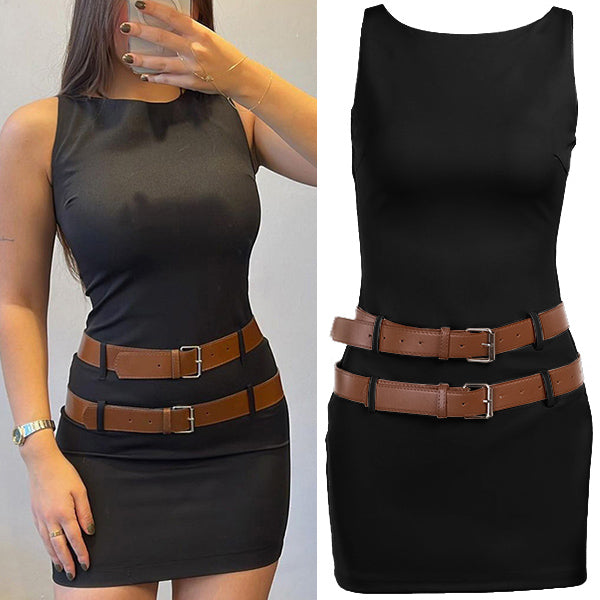 Kinah | Ärmelloses, tailliertes Minikleid mit zwei Schnallengürteln