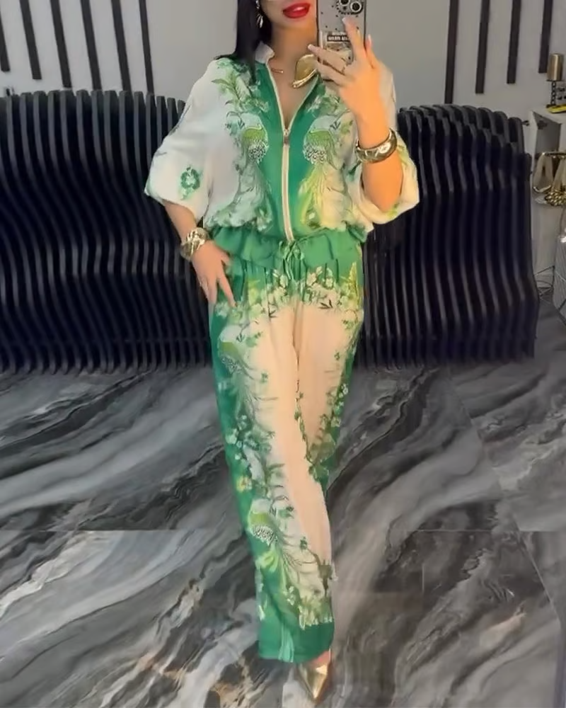 Audri | Set aus Oberteil mit Reißverschluss und geblümter Hose mit weitem Bein