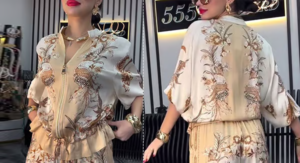 Audri | Set aus Oberteil mit Reißverschluss und geblümter Hose mit weitem Bein