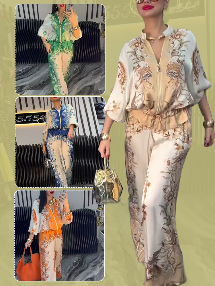 Audri | Set aus Oberteil mit Reißverschluss und geblümter Hose mit weitem Bein