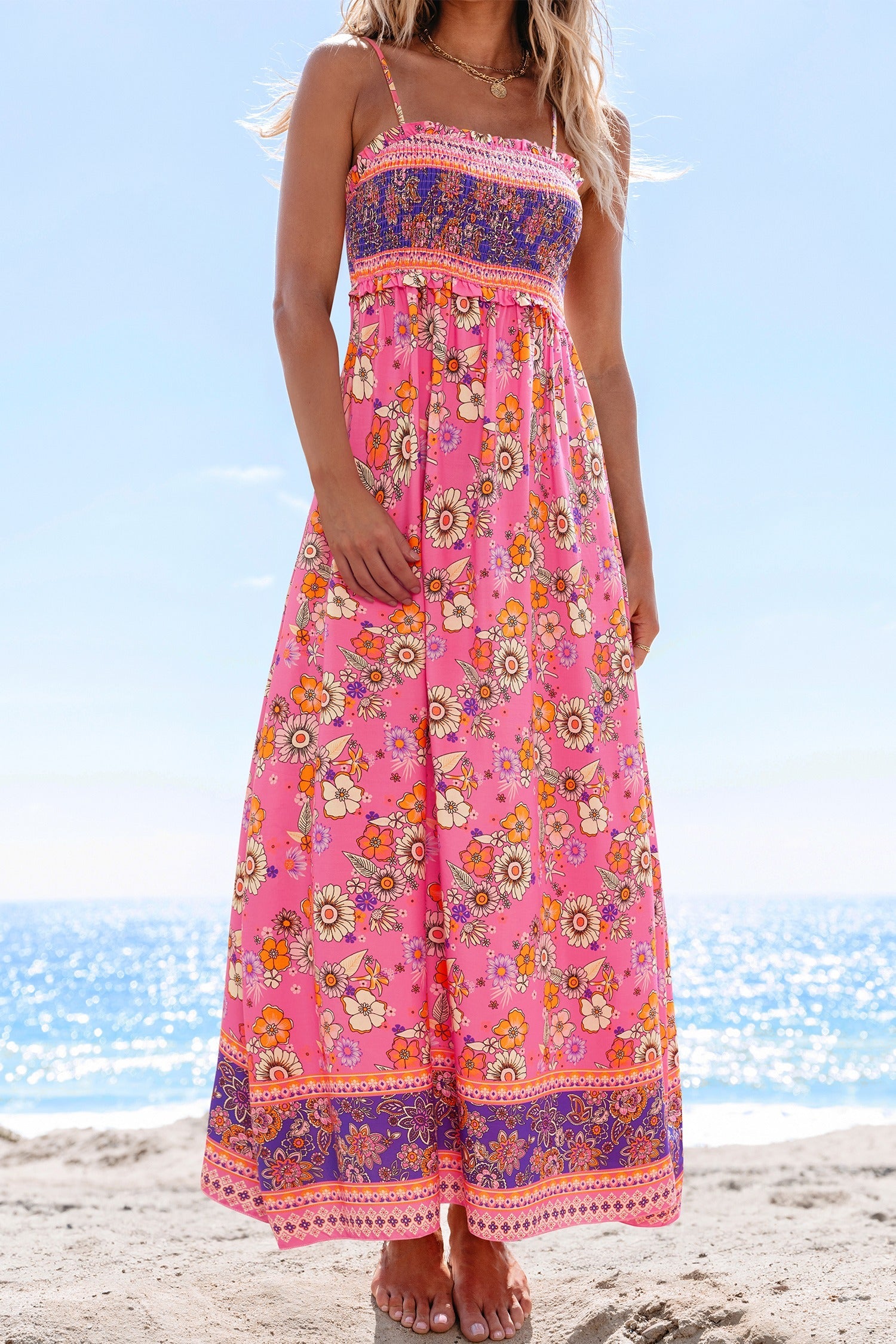 Tina | Stilvolles blumiges Maxikleid mit femininer Smokarbeit