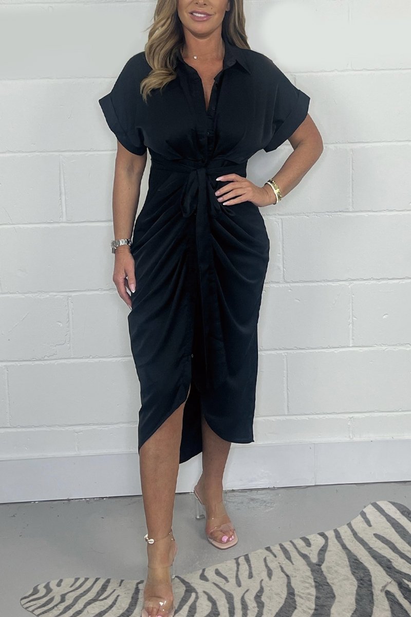 Ariel | Satin Midi-Hemdkleid mit drapierter Krawattenfront