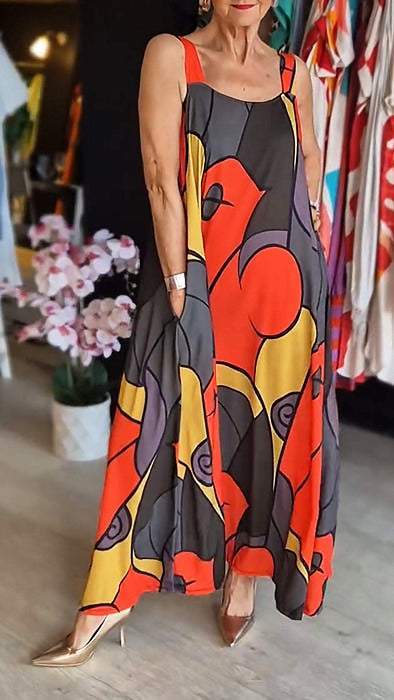 Loise | Buntes Maxikleid mit breitem Träger und abstraktem Druck