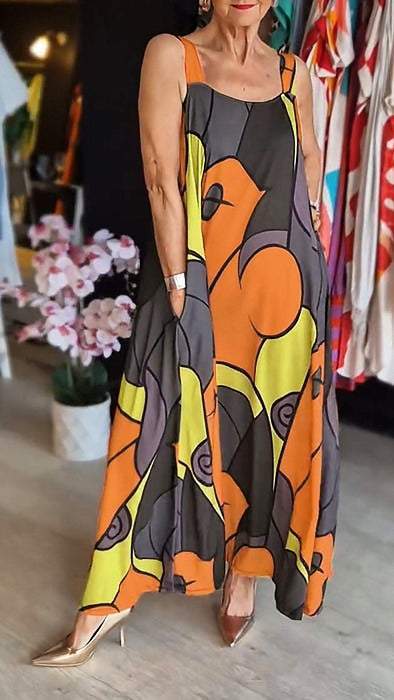 Loise | Buntes Maxikleid mit breitem Träger und abstraktem Druck