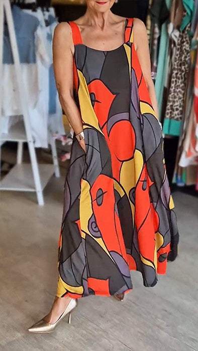 Loise | Buntes Maxikleid mit breitem Träger und abstraktem Druck