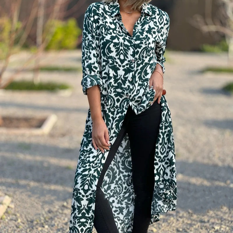 Milan | Langärmeliges Maxikleid mit lebhaftem Druck und Kragen