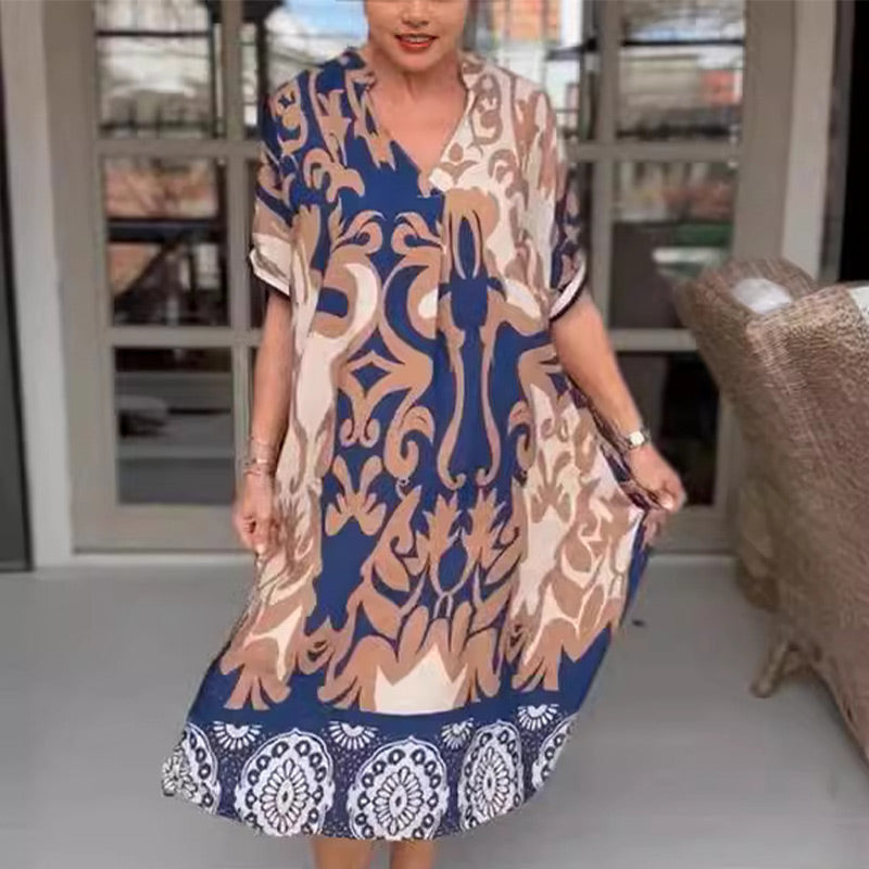 Noira | Schickes bedrucktes Kleid in Midilänge mit V-Ausschnitt