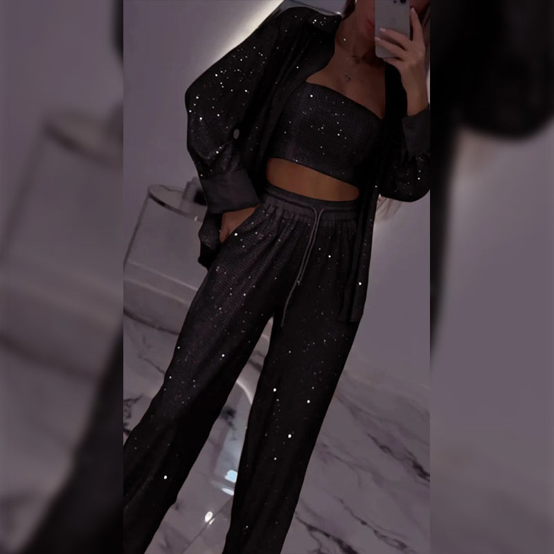 Tyline | Glitter Blazer mit Pailletten und weiten Hosen (3-teiliges Set)