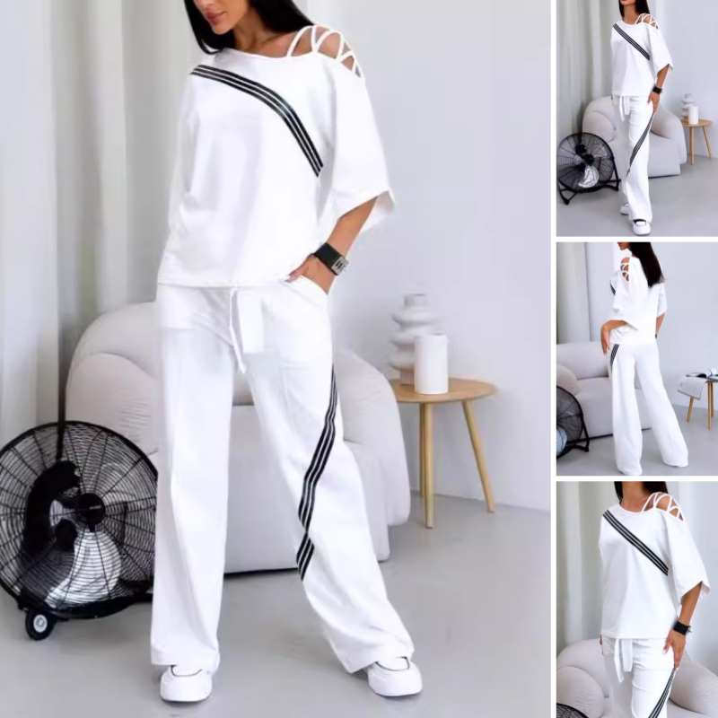 Thea | Bequemes zweiteiliges Set mit kurzärmeligem Oberteil und gestreifter Hose