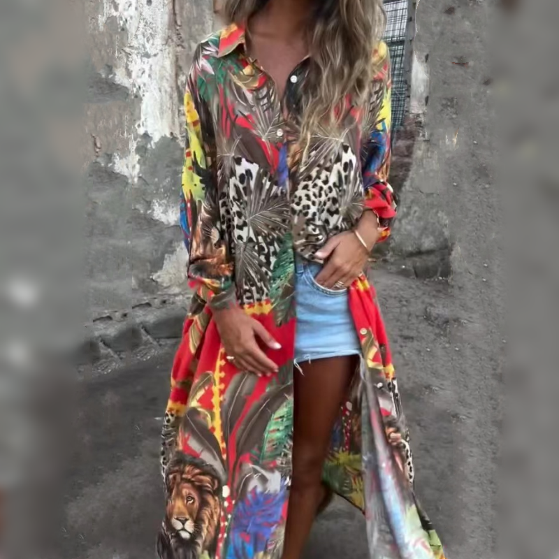 Precia | Elegantes langärmliges Kleid mit offenem Revers und floralem Print