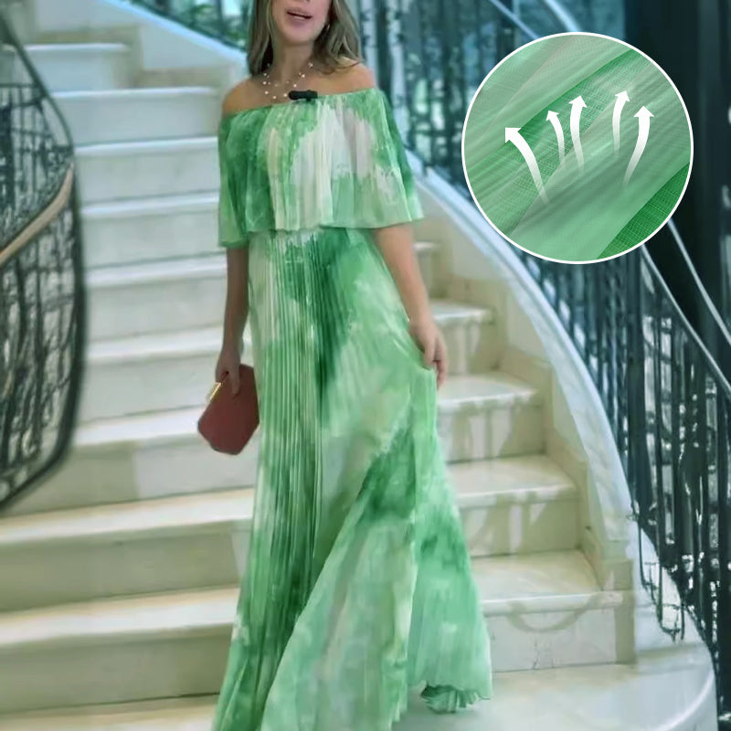 Lhorna | Stylisches bedrucktes Kleid mit offenen Schultern und Plisseefalten