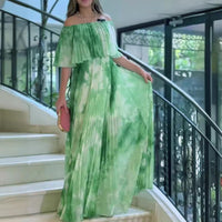 Lhorna | Stylisches bedrucktes Kleid mit offenen Schultern und Plisseefalten