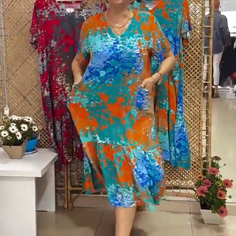 Micha | Midikleid mit V-Ausschnitt und lebhaftem abstraktem Muster