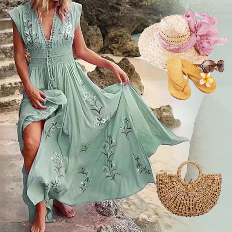 Ivory | Ärmelloses Sommer-Maxikleid mit eleganter Stickerei