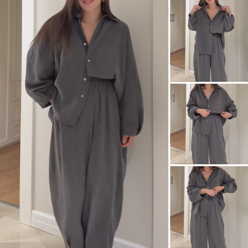 Alejandra | langärmelige Damenbluse mit weit geschnittener Hose.